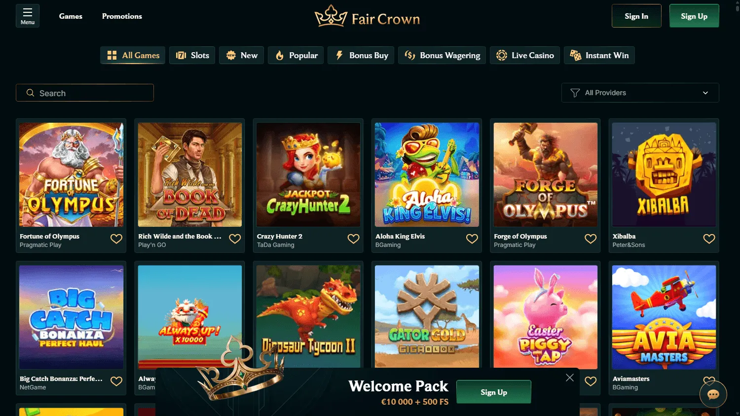 Fair Crown Casino desktop casino games view