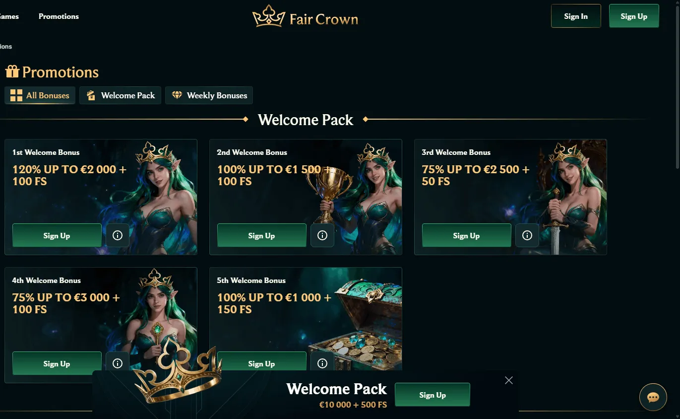 Fair Crown Casino desktop promotions view