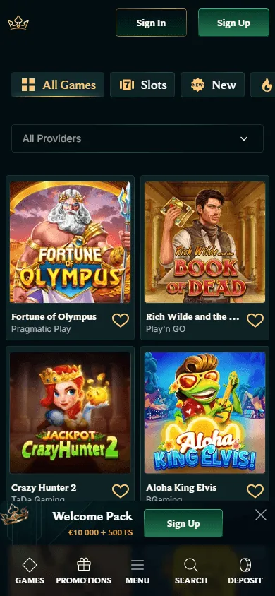 Fair Crown Casino mobile casino games view